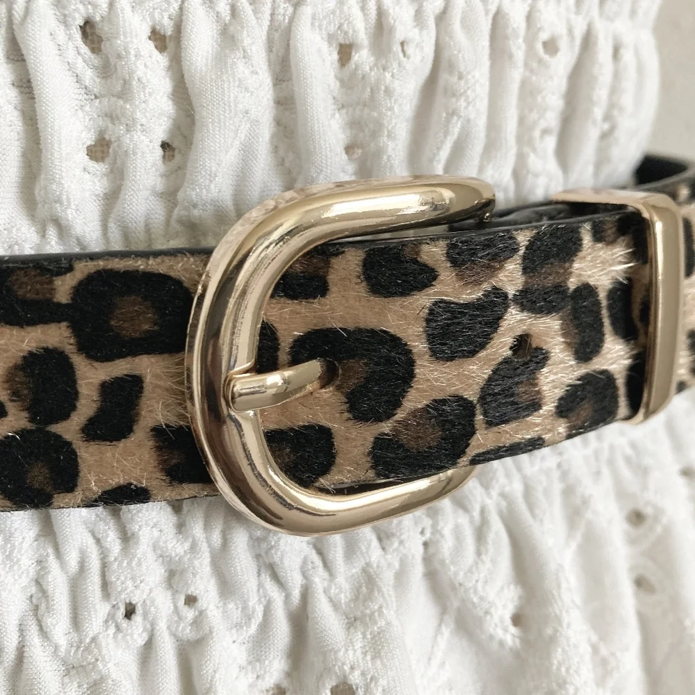 Leopard Faux Calf Hair Belt Gold Buckle Animal Print XL/ 1X Casual